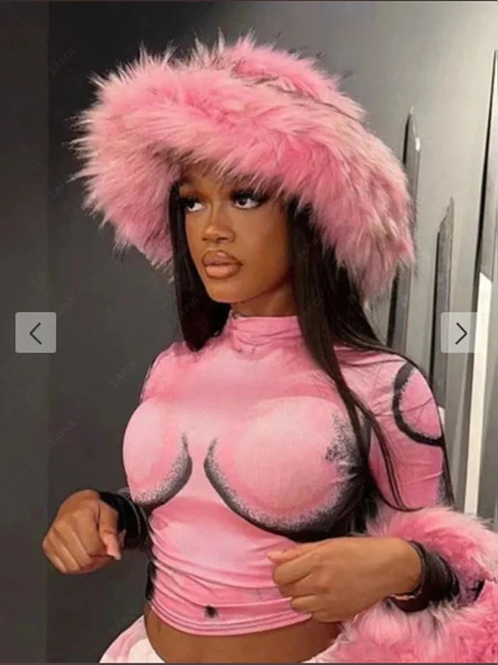 Body portrait Printed Slim Fit Top Female Sexy Long Sleeved Round Neck Pink T-shirt Womens Fashion Street Trend Autumn Top 250106