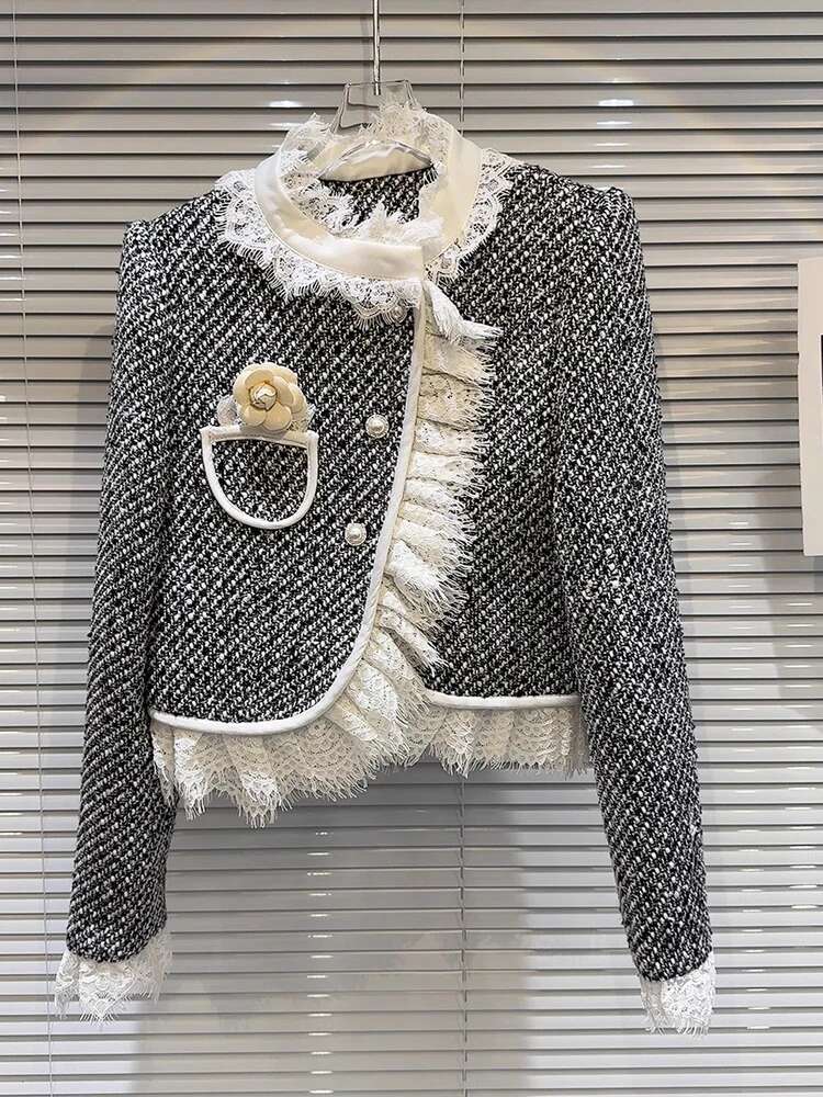HIGH STREET Newest F/W 2024 Designer Fashion Women Splicing Lace Tweed Short Jacket