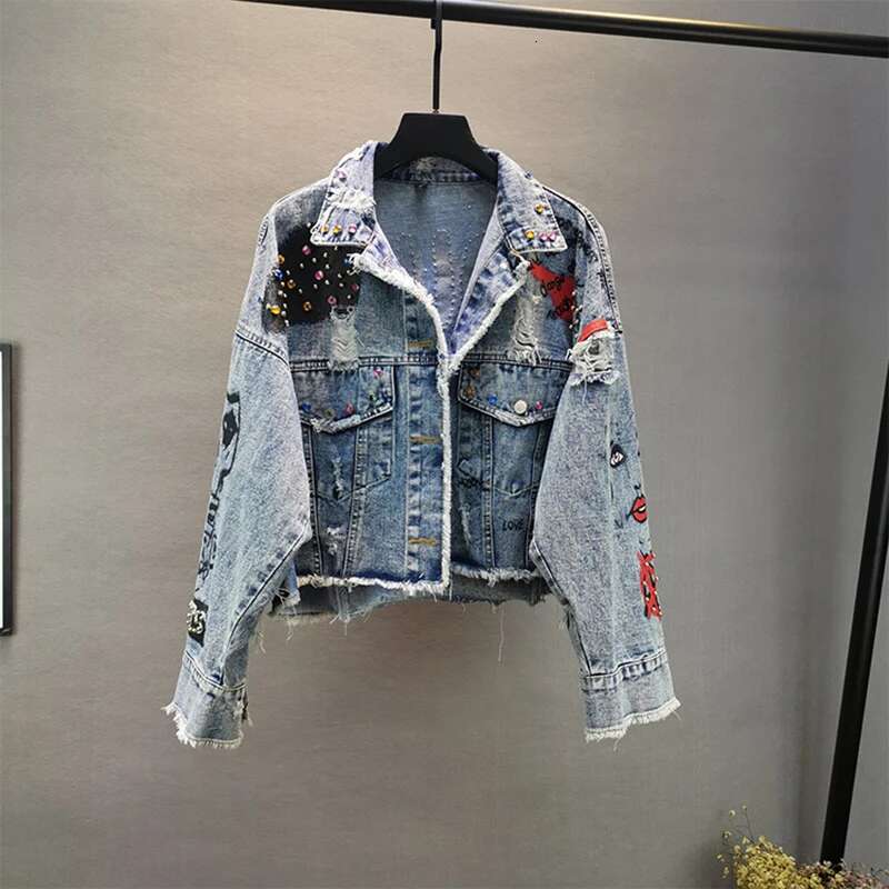 Manual Beaded Dia Letter Graffiti Print Women Denim Spring Autumn 2025 Blue Short Hole Jean Jacket Casual Veste Femme