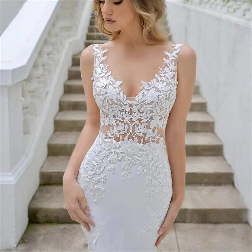 Vestido De Noiva Sexy V-neck Mermaid Lace Wedding Dress Tank Sleeve customized Bridal Robes Satin Court Train Bride Dresses Free ship