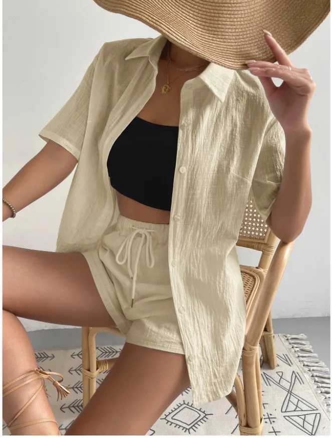 Summer Womens Casual Suit Loose Cotton Linen Shirt Long-sved Top Casual Drstring Shorts 2-piece Suit Solid ColorXJ250106