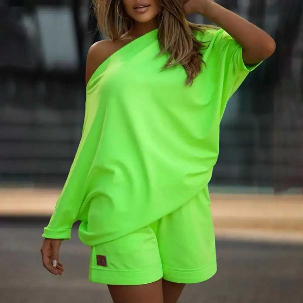 2 Pcs/Set Women Tracksuit Solid Color One-shoulder Short Pants Two-piece Leisure Summer Top Set Fe Clothes For Daily WearXJ250106