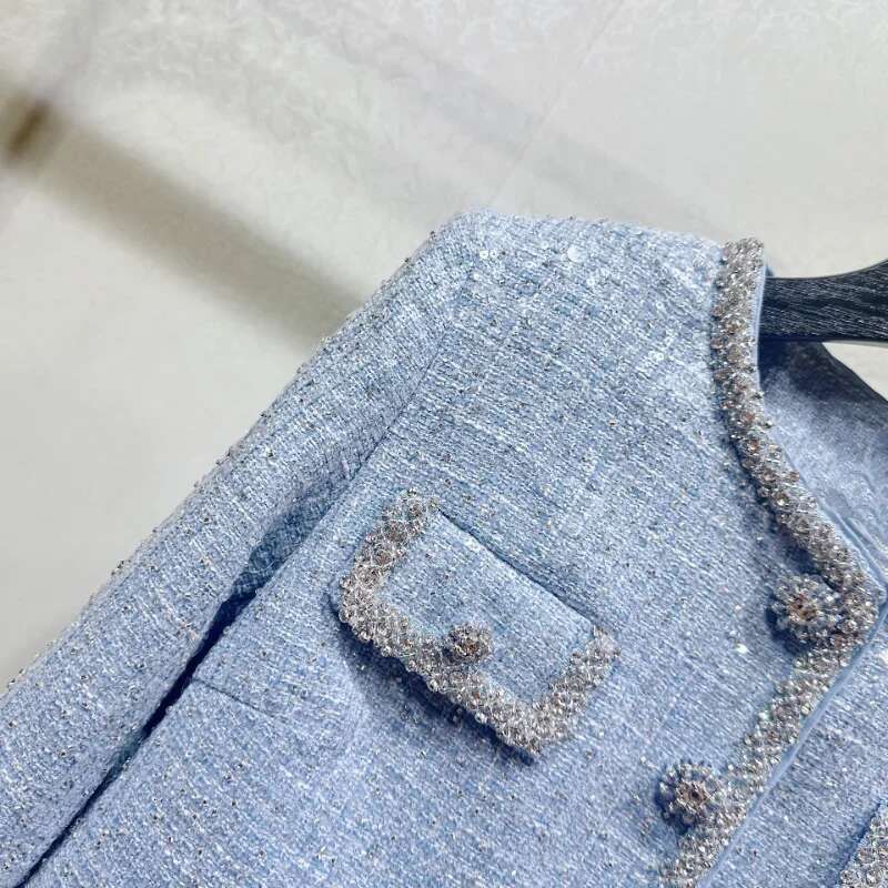 High Quality Small Fragrance Blue Coat Women O Neck Beaded Urious Shiny Long-Sleeved Office Sweet French Tweed Lady Jacket
