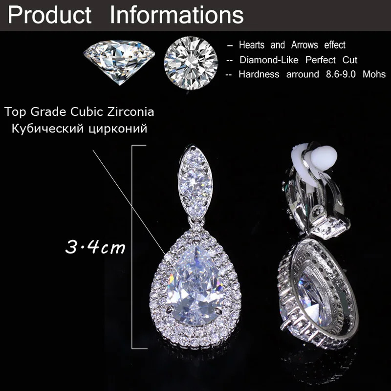 CWWZircons Fashion Women White Gold Color Dangle Drop CZ Royal Blue Crystal Paved No Pierced Ear Clip On Earrings Jewelry CZ164 250103