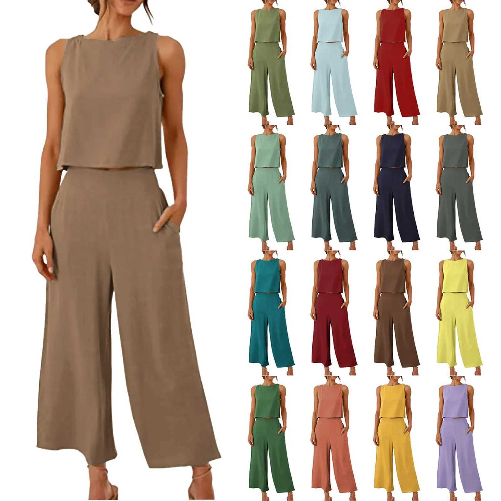 Women Summer Casual Linen 2 Piece Pants Set Solid Ele Two Piece Suit Sveless Wide Leg Trouser 2024 New In Matcing SetsXJ250106