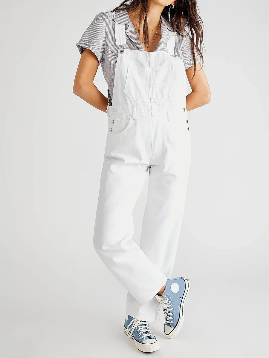 Women Casual Wide Leg Denim Jumpsuit Adjustable Strap Suspender Overalls 1 Piece Baggy Jean Outfits with Pocket 250103