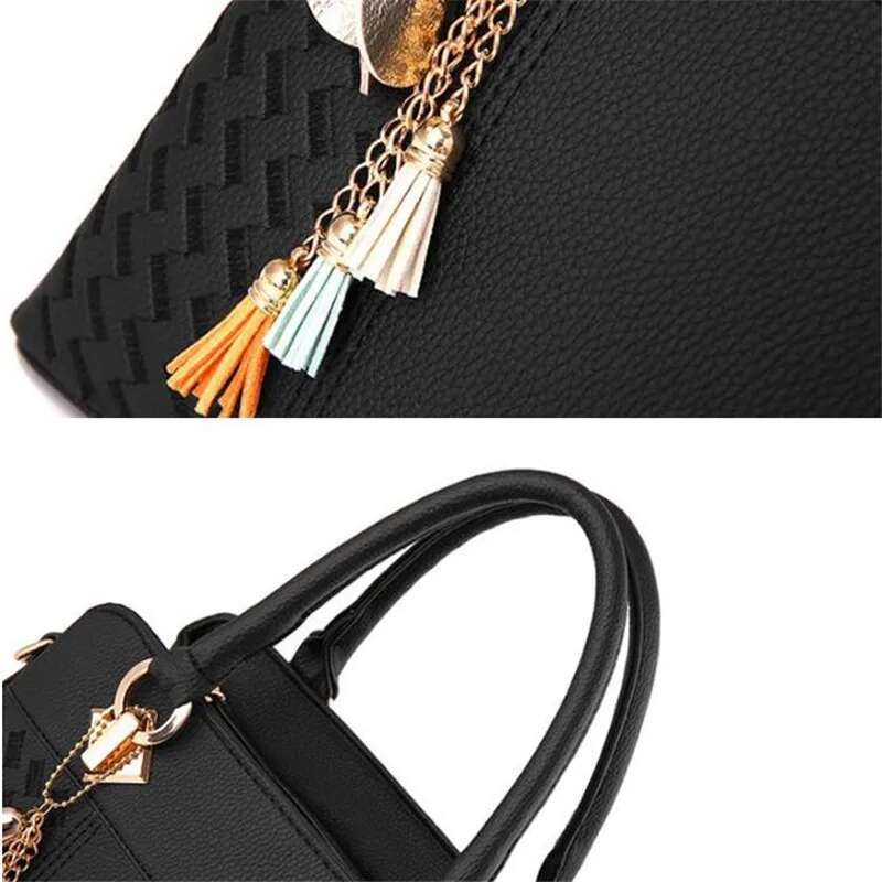 Fashionable Black Women's Minimalist Handbag Women's Handbag With Tassel PU Leather Top Handle Embroidered Crossbody Bag