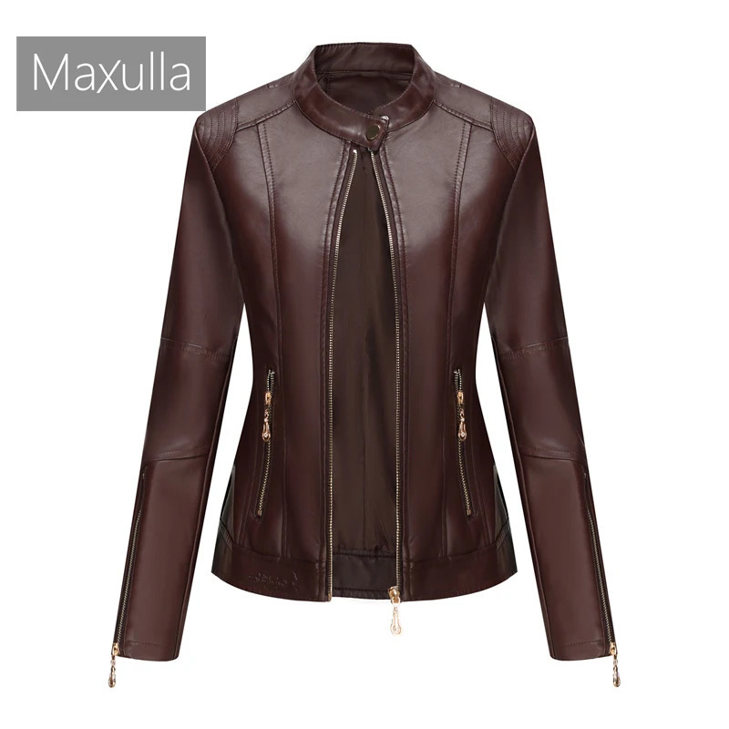 Spring Autumn Ladies Casual Leather Jacket Outdoor Windproof PU Stand Collar Tops Fashion Slim Motorcycle Wear Womens Clothing 250103