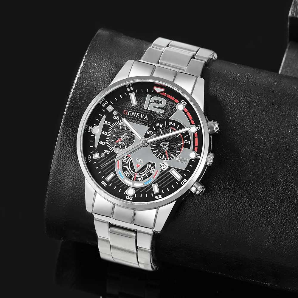3pcs/set Mens Calendar Stainless Steel Quartz Watch Necklace Bracelet Set Ideal Choice for GiftsX250107