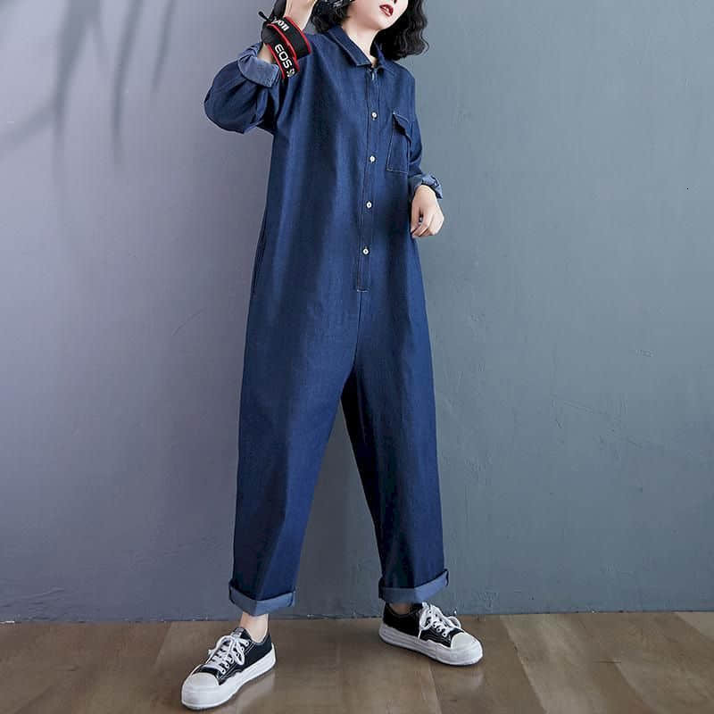 New Fashion Jumpsuit Suit Blue Denim Long Sleeve Playsuits High Waist Large Size Tops Casual One Piece Outfit Women