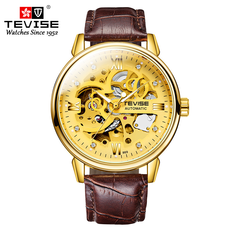 TEVISE New Style Business Fashion Men's Automatic Mechanical Watch with Leather Strap Hollow out Wrist Watch T034-T869