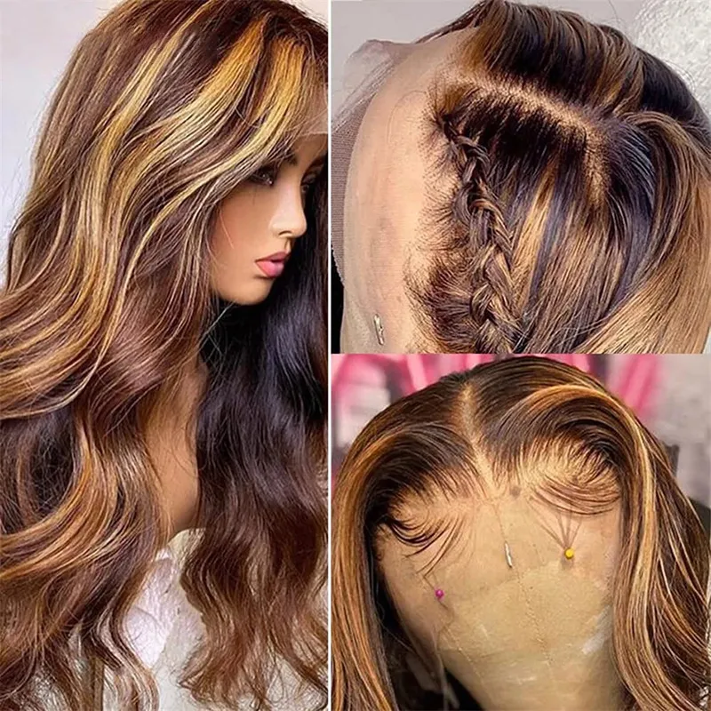 Piano Brown Highlight Wig Look Like Human Hair Body Wave 13x4 Lace Frontal Glueless Wigs For Women Preplucked 36 Inch Black Transparent Synthetic Hair