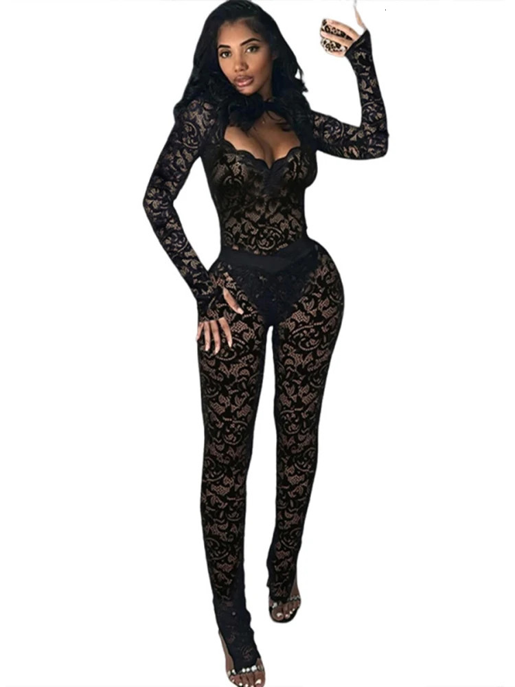 Sibybo Sheer Lace 2 Piece Set Women Nightclub Party Outfits Hollow Out Backless Long Sleeve Bodysuit Pencil Pants Matching Suit 250107