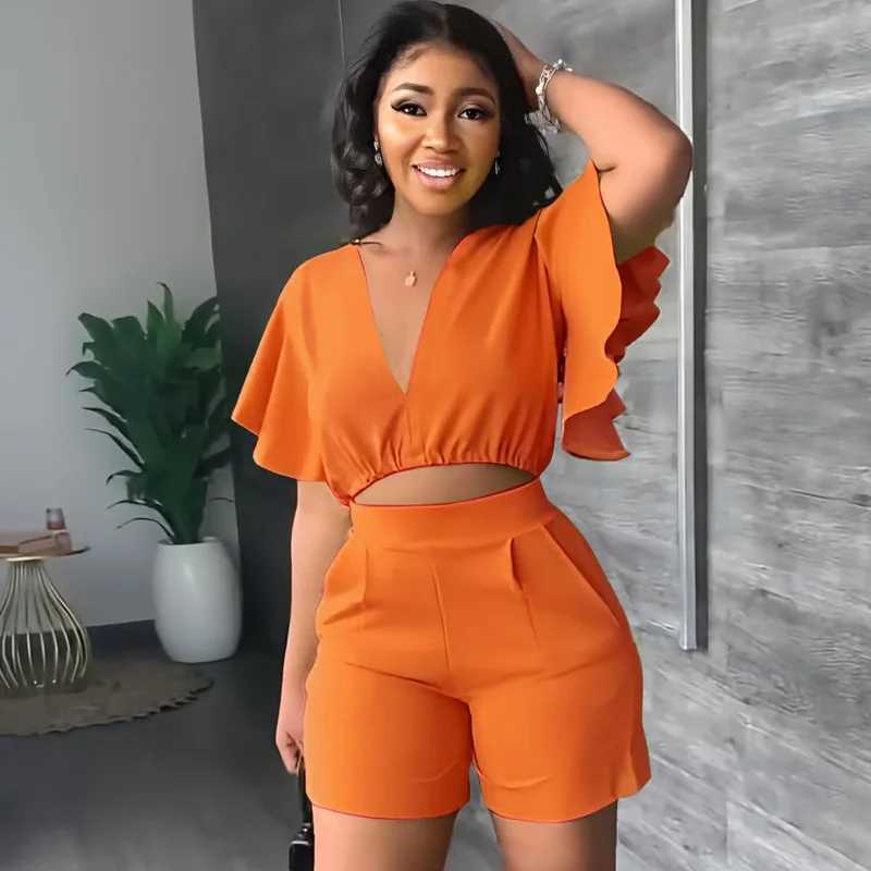 Fashion Two Piece Set Women Sexy V Neck Ruffles Sve Crop Top Pockets Shorts Suit 2023 Summer Street Solid Tracksuit OutfitsXJ250106