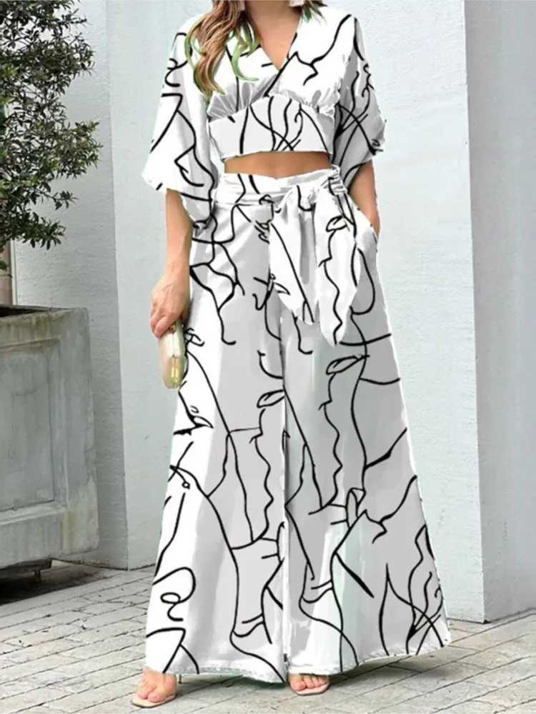 Vacation Beach Fashion Set Womens Fashion Spring V-neck Lantern Sve Top T-shirt Loose Sexy Lace Up Loose Pants Two Piece SetXJ250106