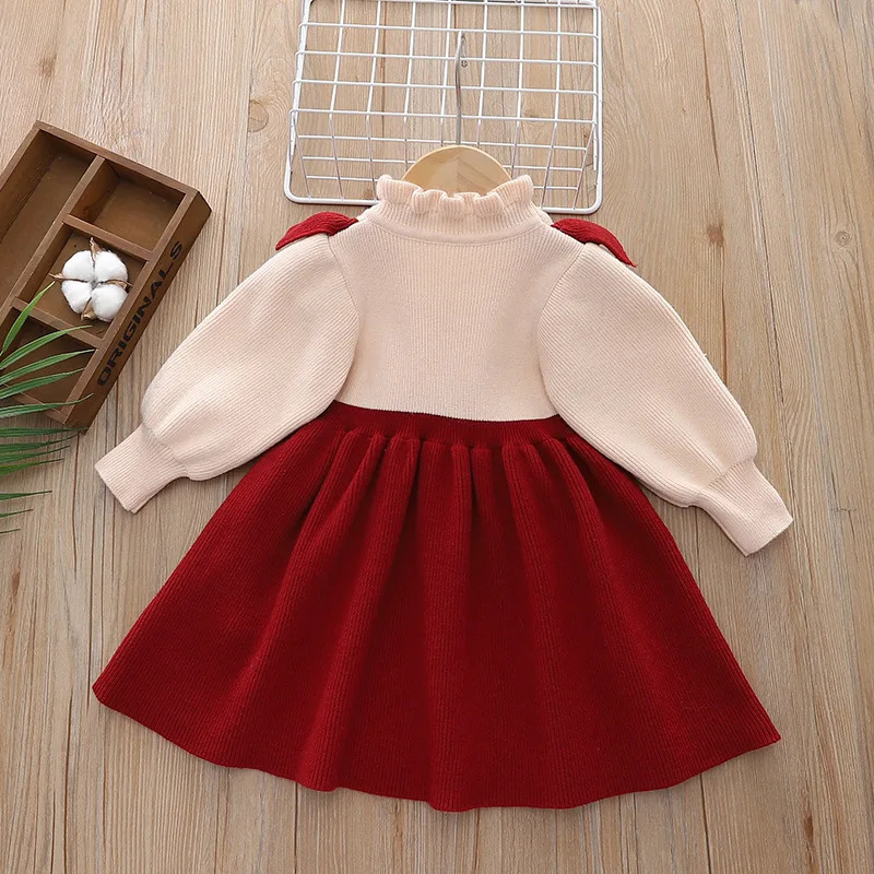 Autumn Winter Children Girls Dress Cotton Bear Bow Christmas Baby Girl Princess Dress Spliced Fleece Warm Infant Girl Dress 250107