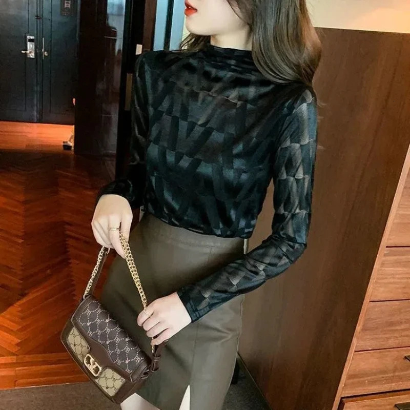 Spring Print Slim All-match Youth Tops Tees Long Sleeve Thin Plus Size Elegant T Shirts Office Fashion Casual Women Clothes 250106
