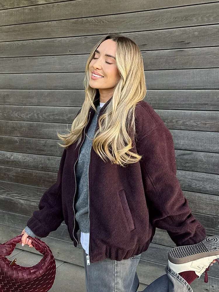 Vintage Zipper Woolen Bomber Jackets Women Loose O Neck Long Sleeve Pocket Lady Coats Early Spring Fashion Female Outwears