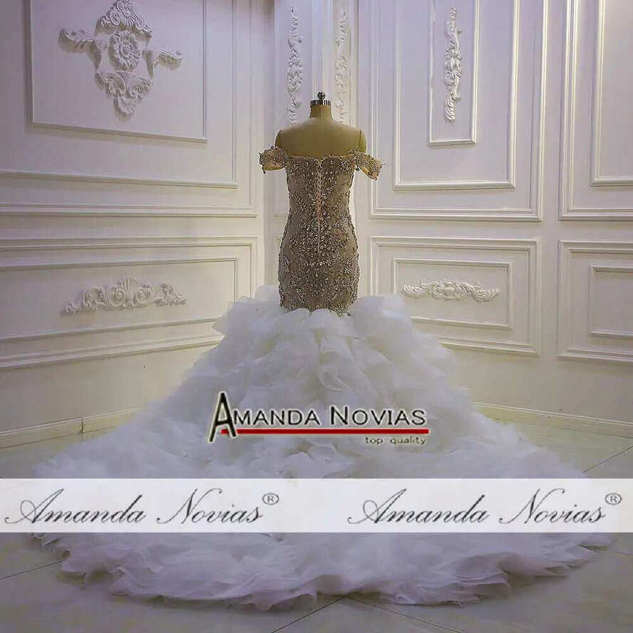 Champagne Full Beading Off The Shoulder V-Neck Ruffles Mermaid Wedding Dress