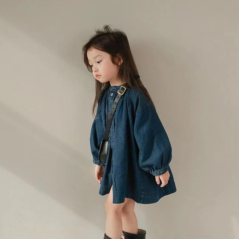 Fall Kawaii Girls Denim Dress Casual O Neck Single Breasted Children Dress Loose Fashion Long Sleeved Toddler Mini Dress 250106