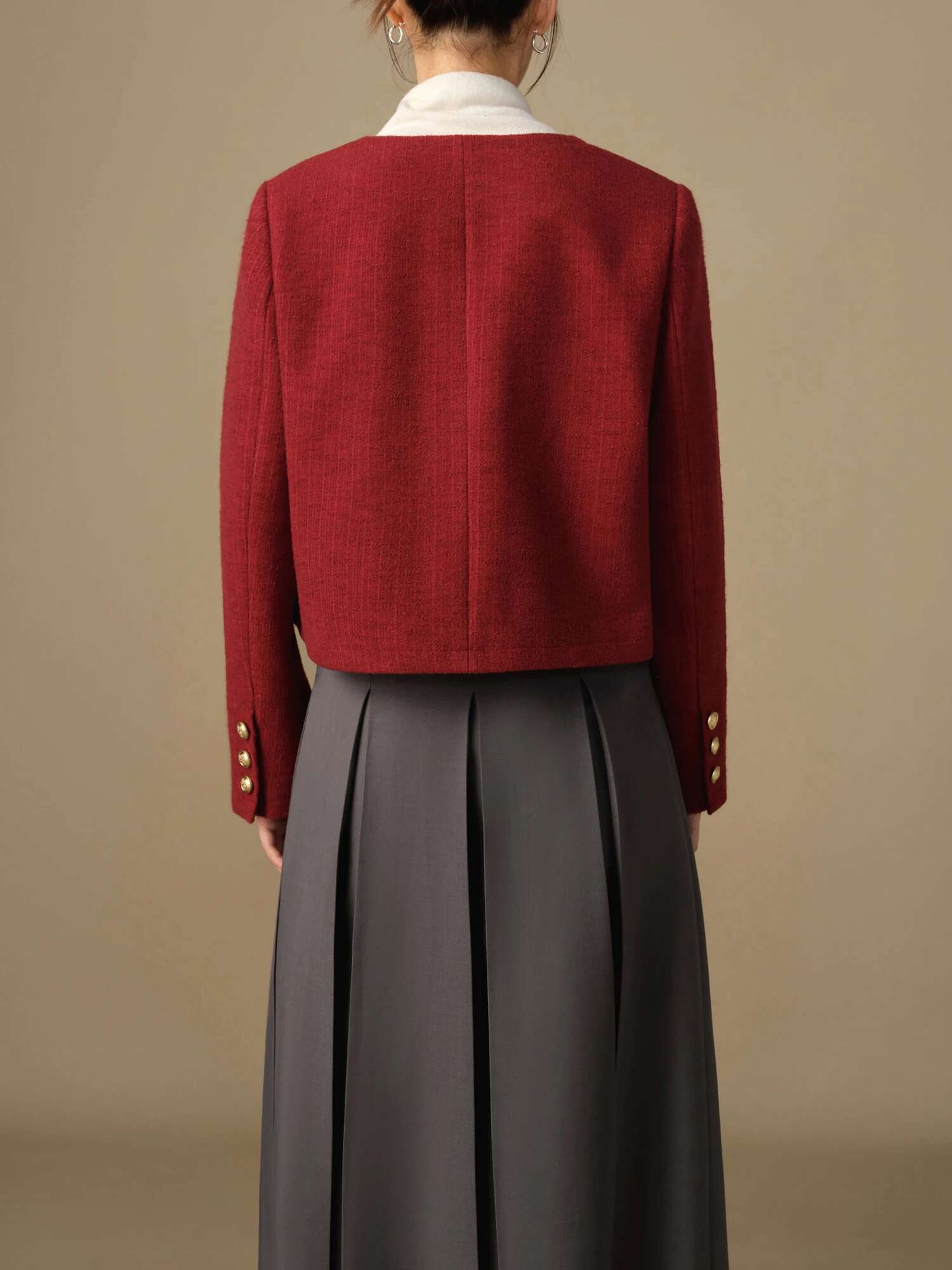 DUSHU Women Red Jackets Round Neck Single Breasted New Navy Blue Female Winter Thicken Tweed Coats 24Ds84286