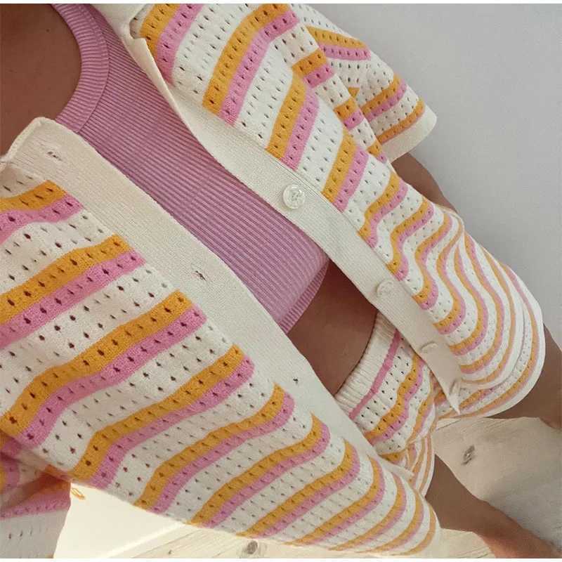 Women Stripe Print Knit 2 Piece Sets Ele Lapel Half Sve Tops High Waist Shorts Set Loose Casual Single Breasted OutfitsXJ250106