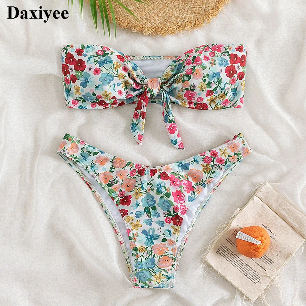 Floral Print Bandeau Bikini Set Off Shoulder Push Up Swimsuit Women Tube Top Bikinis Knot Swimwear Sexy Summer Bathing Suit 250106