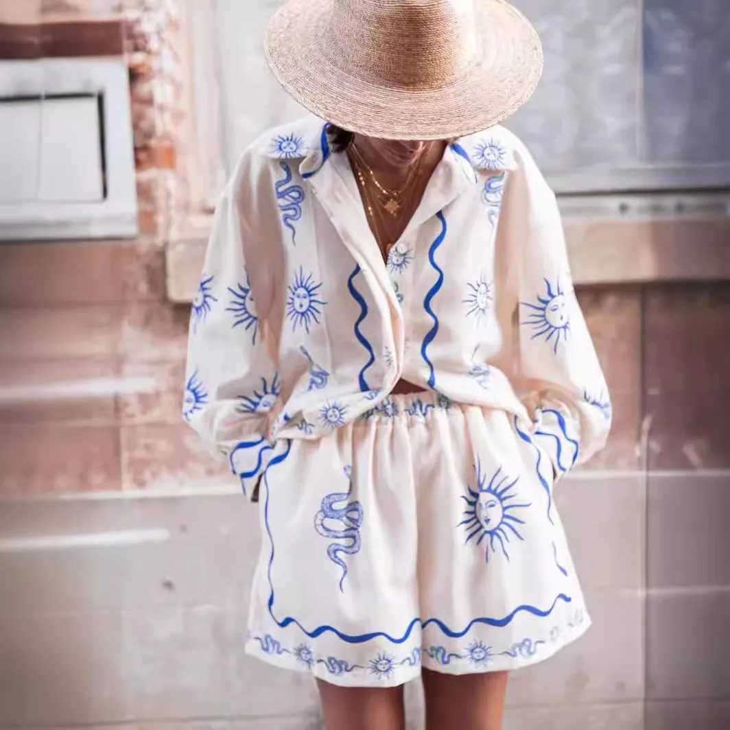 Womens Fashion Print Suit New Summer Linen Beach Vacation Suit Casual Versatile Shirt Cardigan Top Loose Shorts Two-piece SetXJ250106