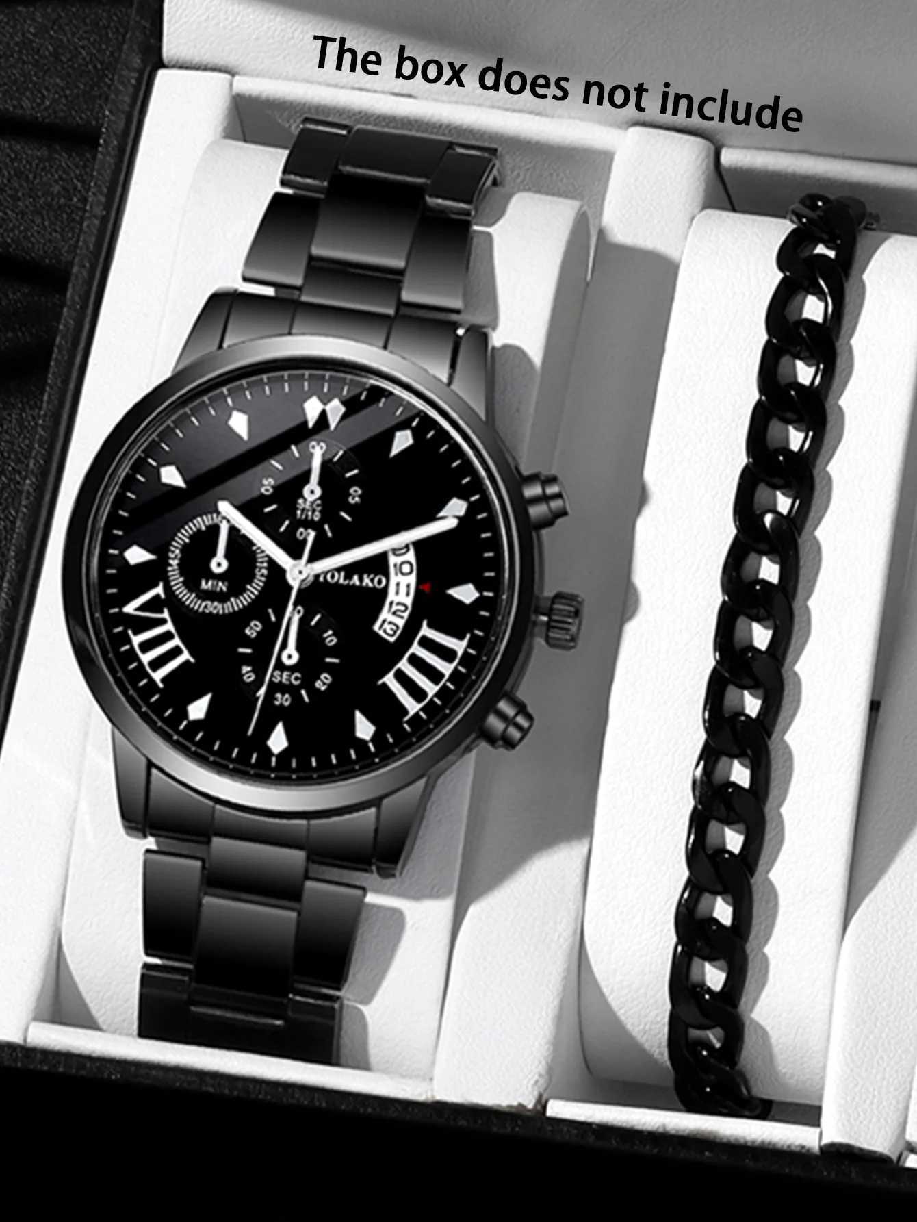 2pcs Fashion Business Calendar Mens Round Roman Scale Steel Band Quartz Watch with Trendy Chain Bracelet SetX250107