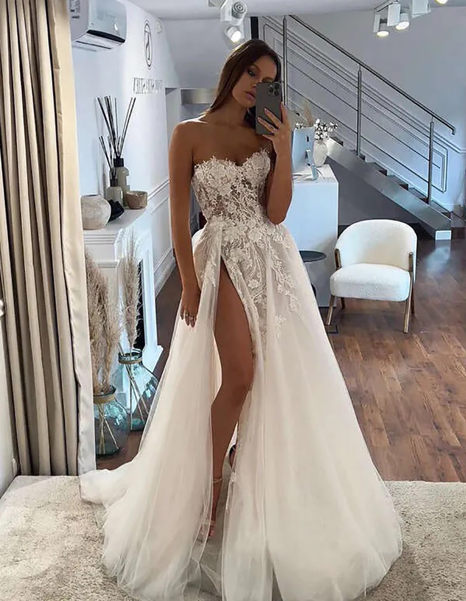 Elegant Applique Lace Wedding Dress with Sweep Train & Thigh-Slit - Premium Bridal Gown Design