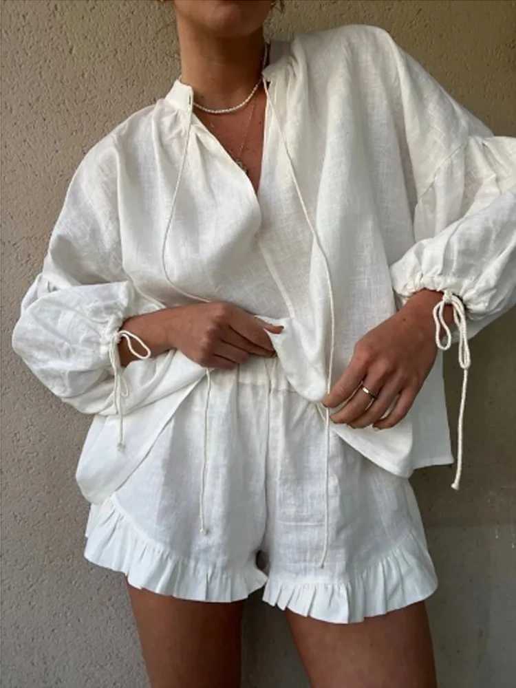 Fashion Loose Vacation Shorts Set Beach Women 2 Piece Ele Long Sve Blouse Solid Chic Korean High Waist Streetwear ClothesXJ250106