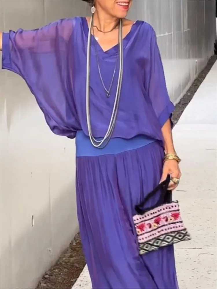 Womens Sexy V-neck Short Sved Top And Wide Leg Pants Sets Summer Chiffon Casual Outfits Casual Loose Street Two Piece SetsXJ250106