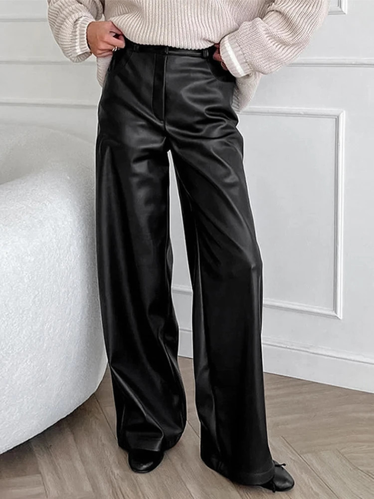Chic Pu Leather Pants For Women Locomotive High Waist Loose Female Long Trousers Autumn Casual Black Ladies High Street Bottom 250106