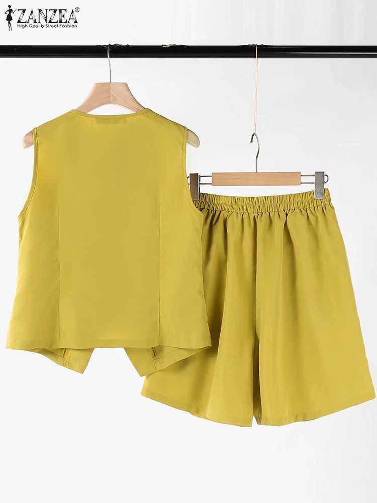 Summer Sveless Vest Outfits ZANZEA Women Office Lady Short Sets 2024 Vintage Pocket Short Suits Holiday 2PCS Matching SetsXJ250106