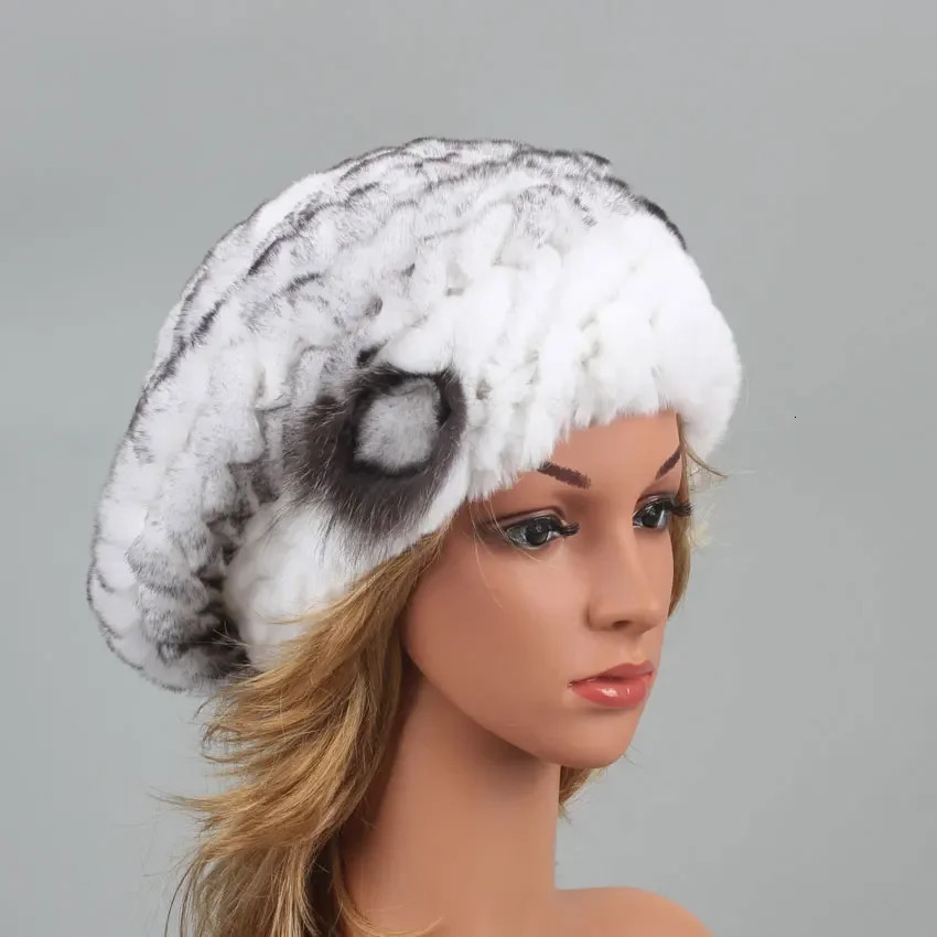 Berets for women Genuine Rabbit Fur Hat Winter Causal Warm Knitted Cap For Girls Female Fashion Outdoor Large Ladies Volume Hats 250106