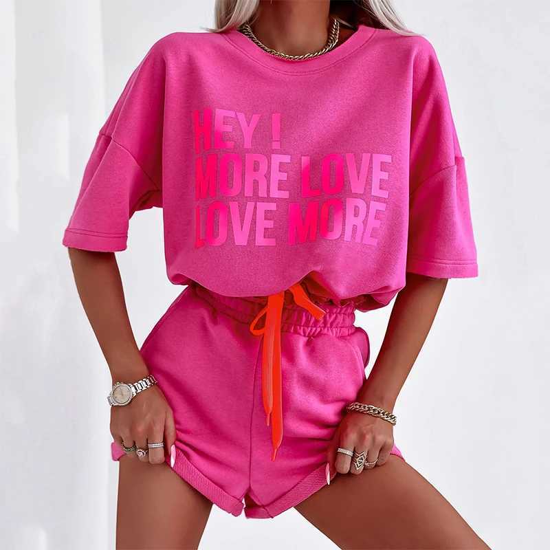 2024 Summer New Womens Casual Sports Suit Crewneck Letter Print Lace-up Short Sve Casual ShortsFe Ele 2-Piece SetXJ250106