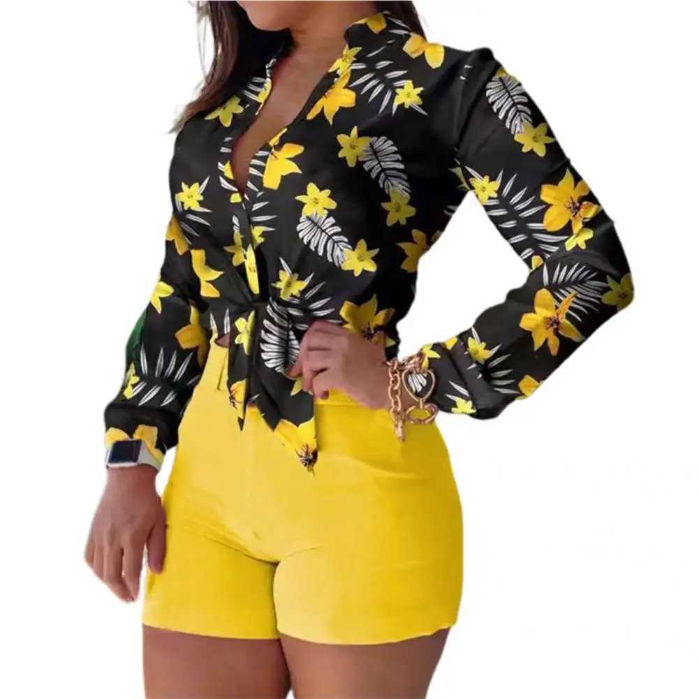 1 Set Women Blouse Shorts Suit Floral Spring Summer Printed Blouse Pure Color Shorts Office Ladies Shirt ShortsXJ250106