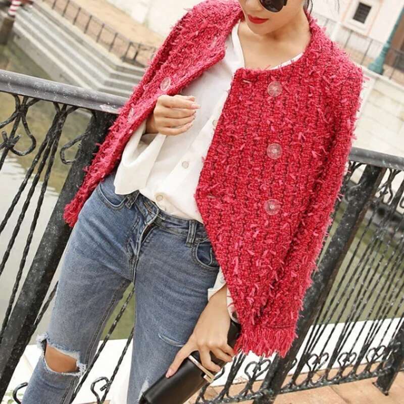 New Women's Spring Red Fringed Tweed Breasted Jacket Female Coat Can Customized Size
