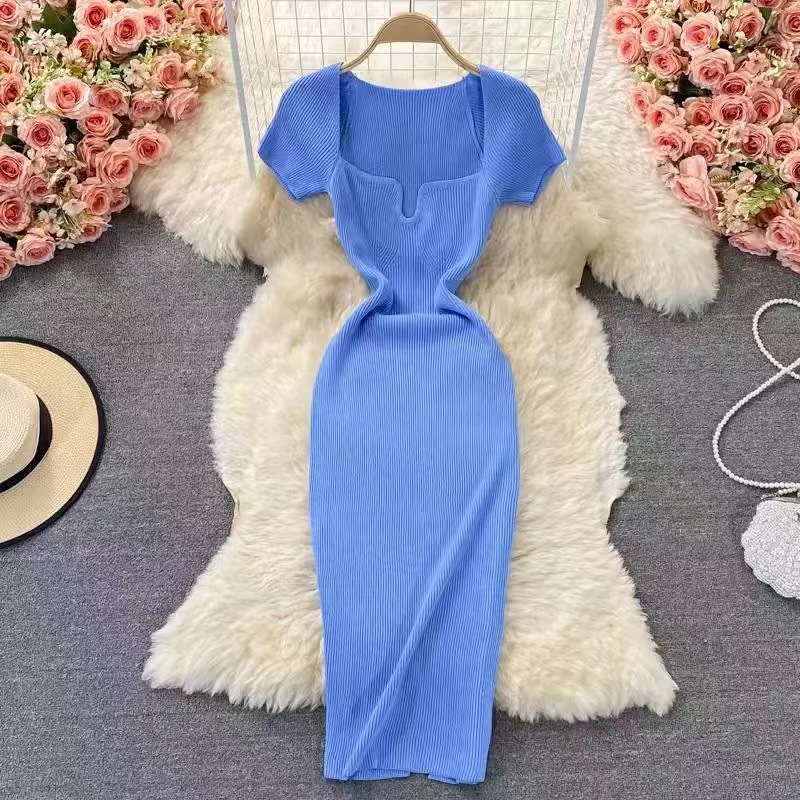 CT721 slim square neck knitted dress short sleeves 2024 summer new style temperament sexy hot girl hip long skirt