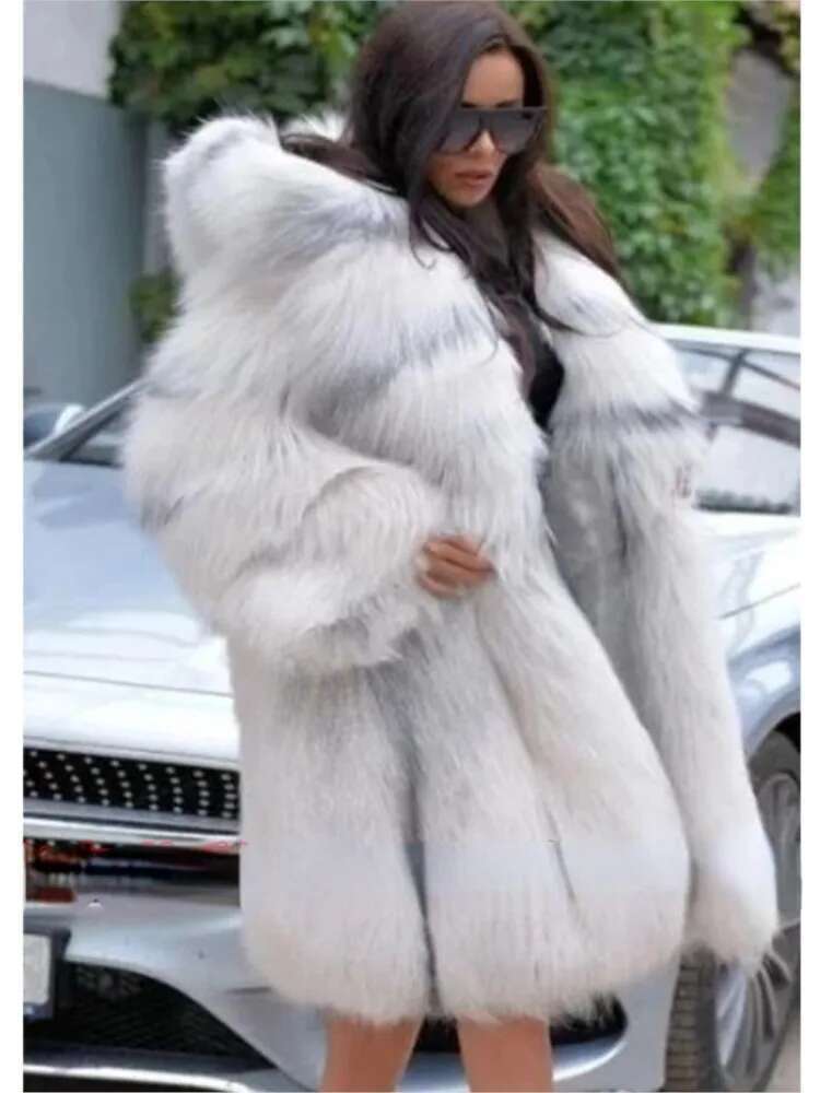 Winter Fashion Faux Fox Hooded Fur Women's Mid-Length Warm Loose Coat For Woman S-Xxxxl