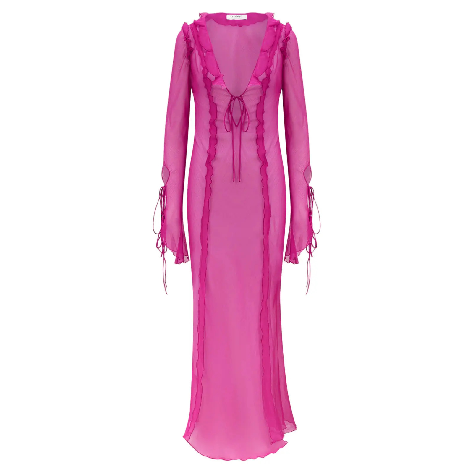 Long Dres Sexy Ruffles Mesh See Through Bodycon Dress Summer Beach Outfits Elegant Sleeve Club Party 2023 250103