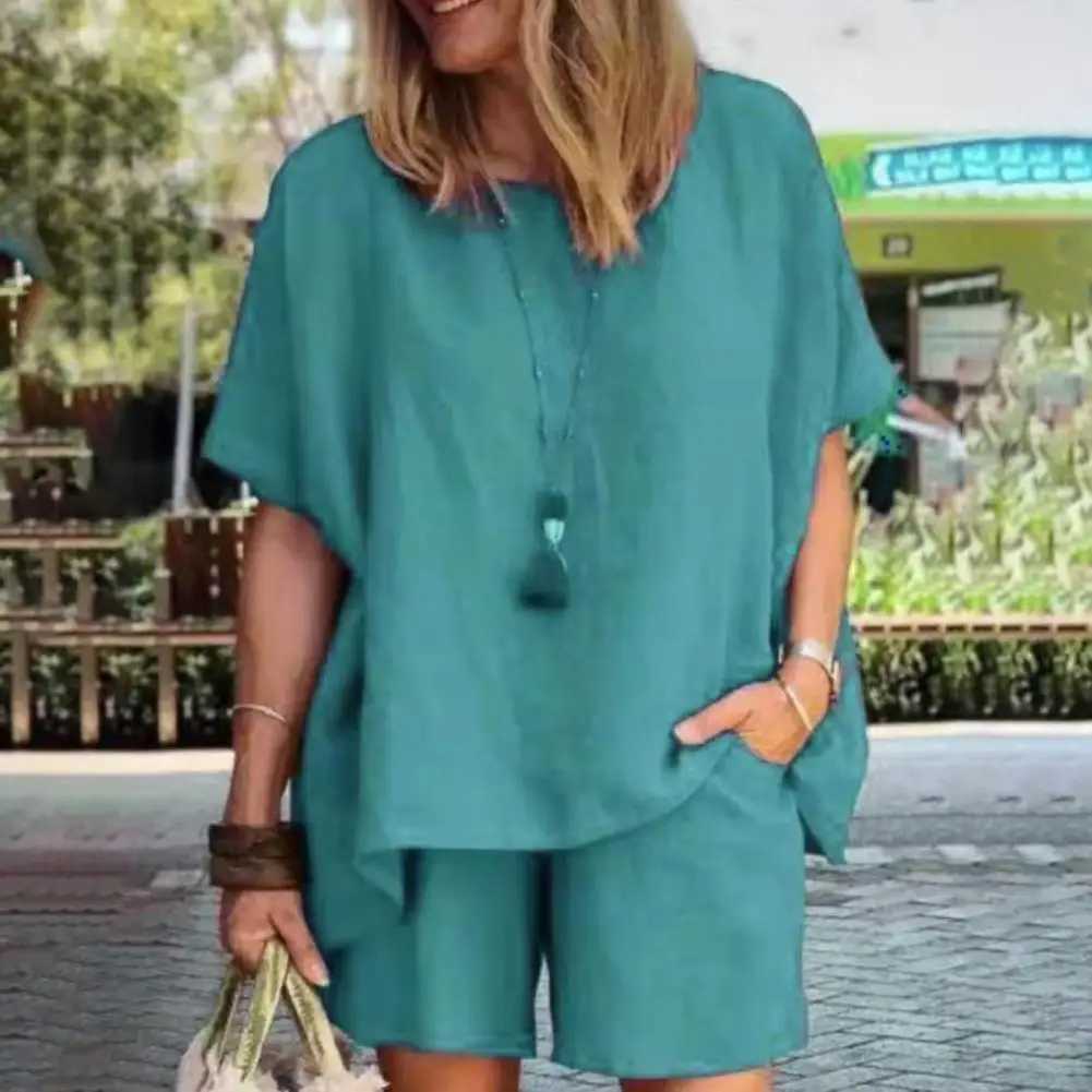 2Pcs/Set Women T-Shirt Shorts Set Solid Color Top Shorts Suit Pullover O Neck Summer Sets Ladies Suit Women AccessoryXJ250106