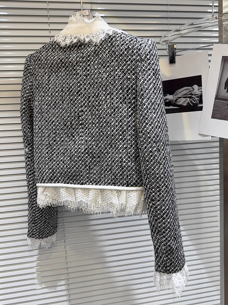 HIGH STREET Newest F/W 2024 Designer Fashion Women Splicing Lace Tweed Short Jacket