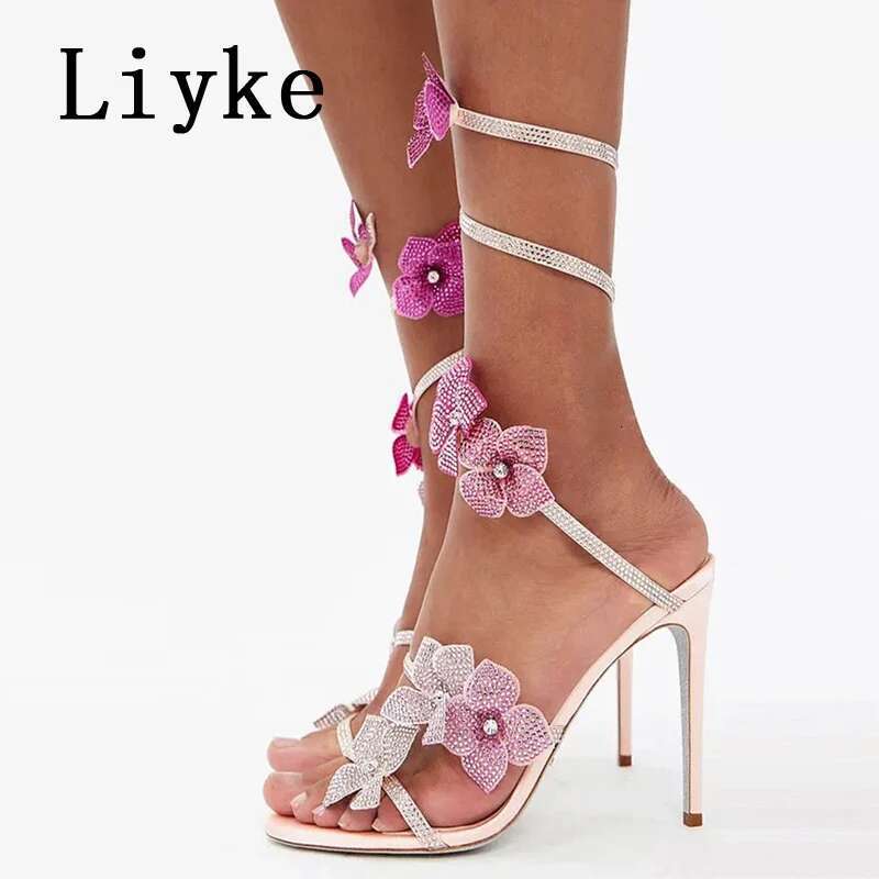 Liyke Summer Fashion Rhie Wer Ankle Strap Sandals Women Wedding Banquet Shoes Sexy Open Toe Pink High Heels Sandalias