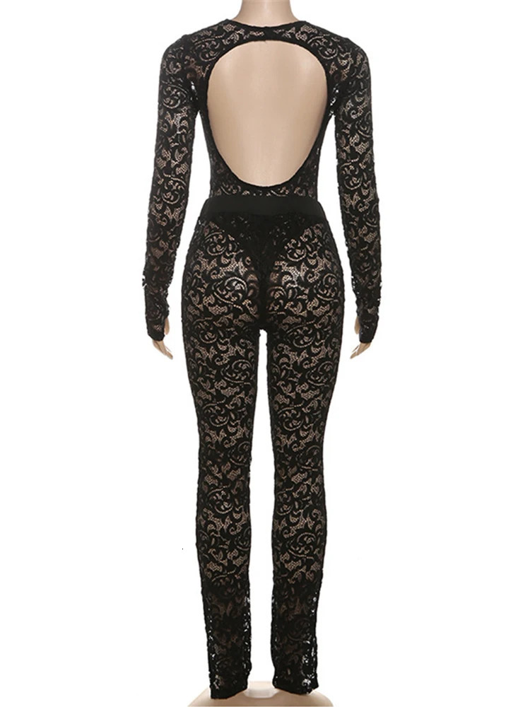 Sibybo Sheer Lace 2 Piece Set Women Nightclub Party Outfits Hollow Out Backless Long Sleeve Bodysuit Pencil Pants Matching Suit 250107