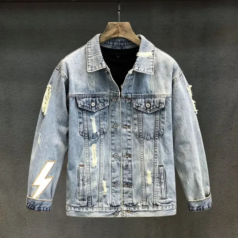 Mens Denim Jacket Vintage With Print Male Jean Coats Hole Ripped High Quality In Lowest Price Size L Loose On Board Casual Y2k 250102