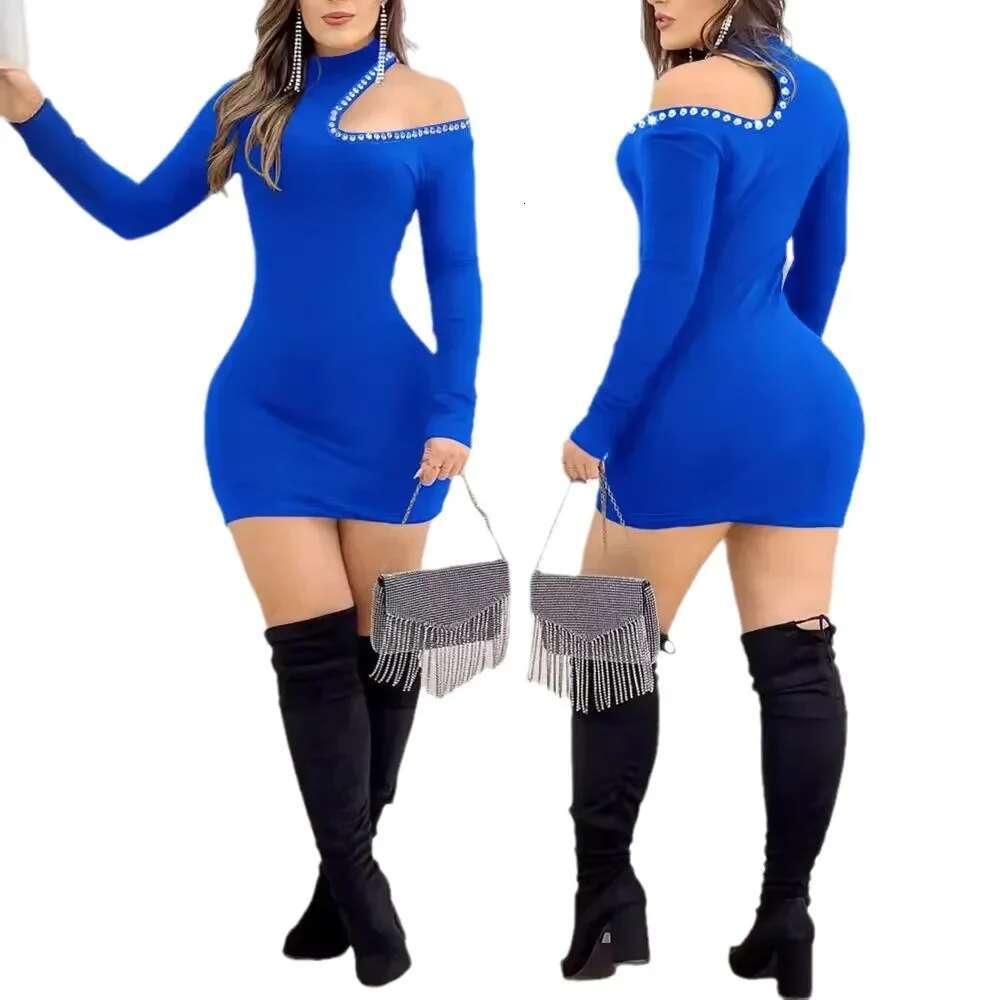 Women's Clothing Hollow Hot Drilg Midi Long Sleeve Solid Color Sexy Bodycon Fashion Summer Dress
