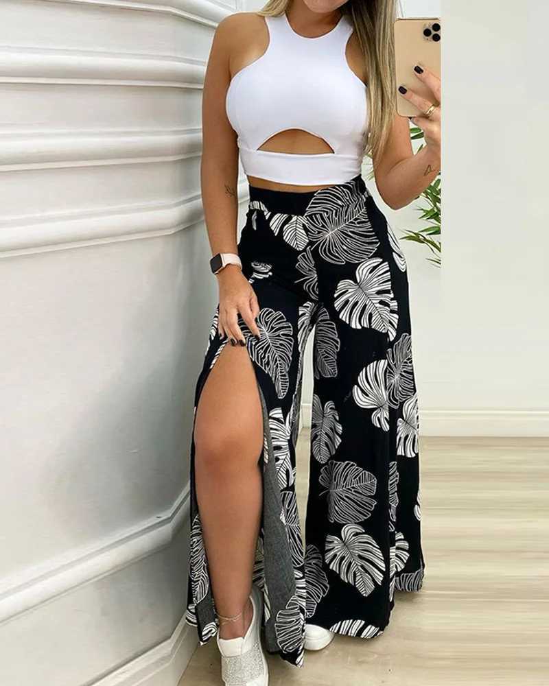 Summer Casual Two Piece Suits Women Sets Solid Cut-out Tank Top and Tropical Print Split Wide Leg Pants Set Women ClothesXJ250106
