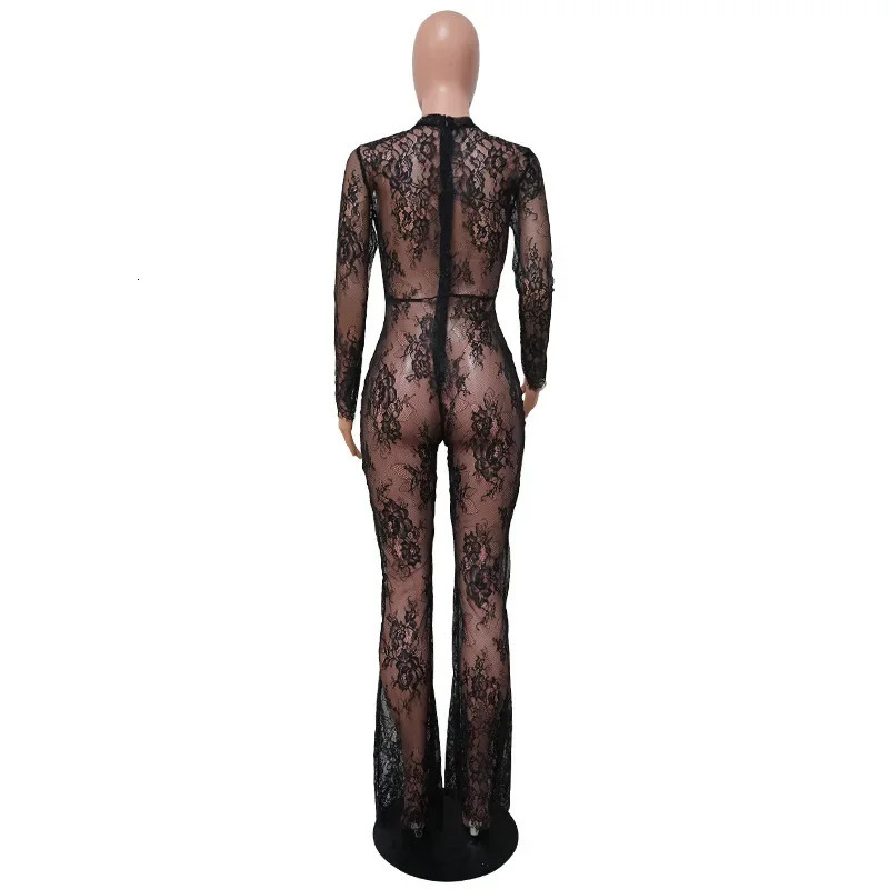 DRC Long Sleeve One Pieces Wide Leg Jumpsuit Women Summer Clothes Fashion Black Lace Perspective Sexy Night Club Outfits 250103
