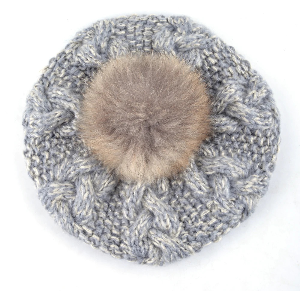 Winter Raccoon fur pompom beret ladies knit wool hat hand-knitted cap female berets hats for women boina feminina Gorras 250106